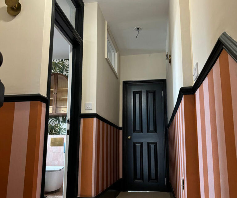 Suzannah & Co - professional painting and decorating – interior & exterior painting, wallpapering, kitchen furniture cabinetry refinishing in and around Sussex. Image of wallpaper on landing.